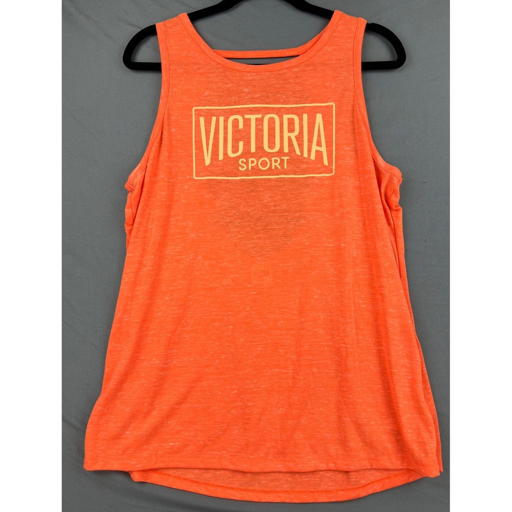 Victoria Sport Tank Top Womens Large Orange Logo Strappy Open Back Activewear